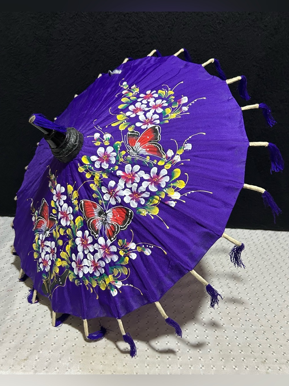 Vintage Thai Hand Painted Parasol Sun Umbrella Floral/Butterfly Design
